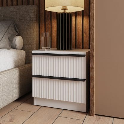 Lania Ripple Ridged 2 Drawer Bedside Table Nightstand Matt White - Image 3